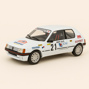 Photo professionnelle de la voiture miniature Peugeot 205 Gti Blanche Numero 21 Rallye 1988 Solido Reference 9047 Echelle 1 18Eme - Image clean haute qualité