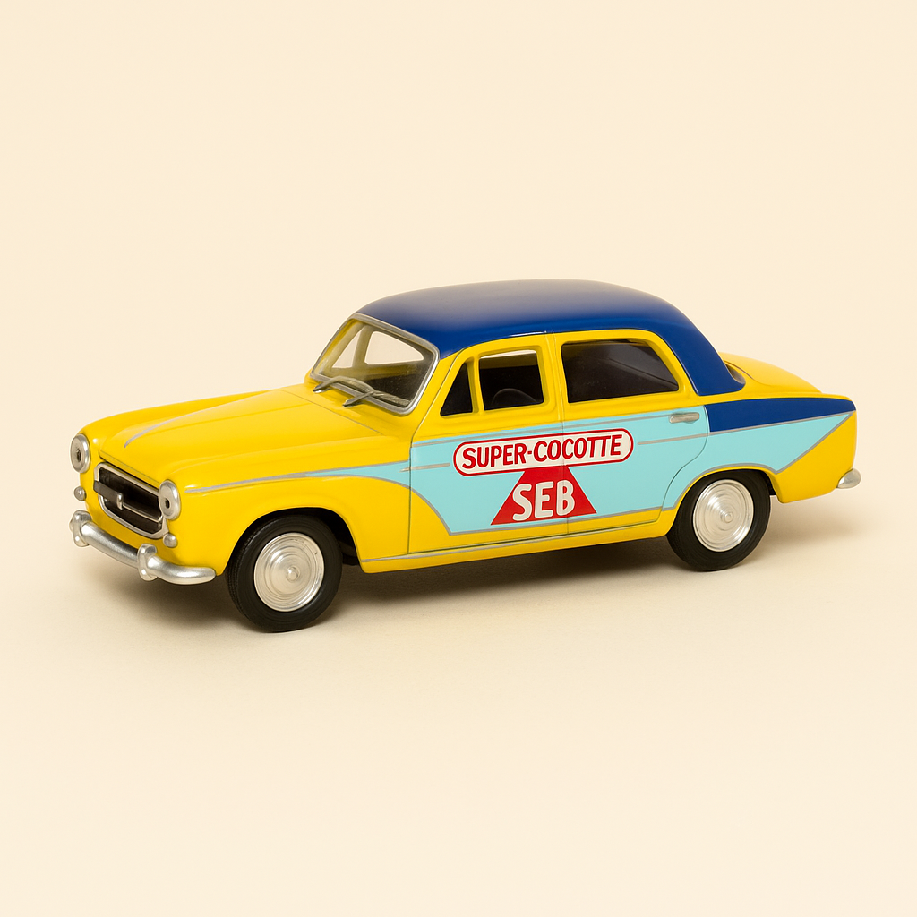 Peugeot 403 giel Limousine mat bloem Daach vun 1966 (SUPER COCOTTE Reklam)