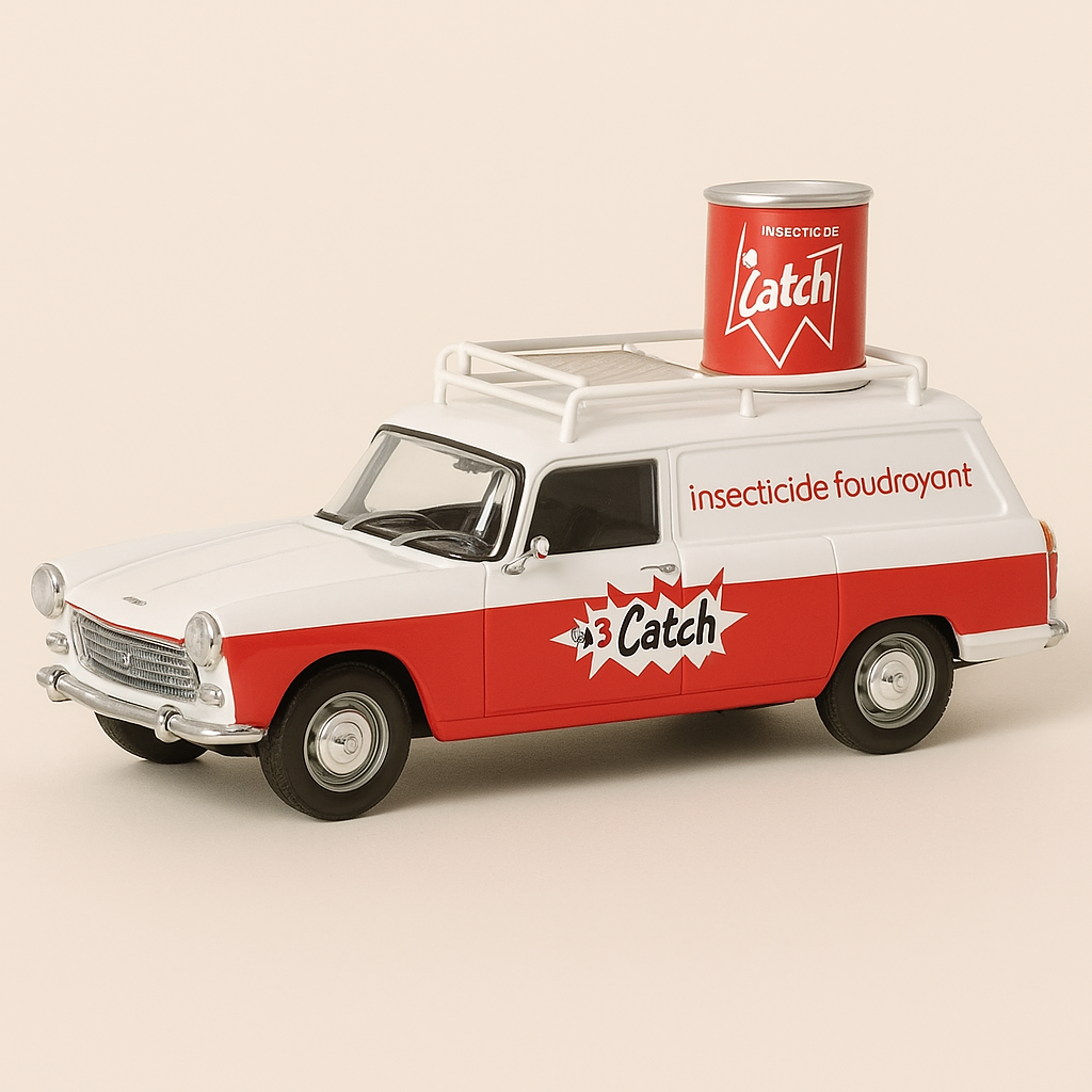 Peugeot 404 familiar blanco y rojo con publicidad CATCH