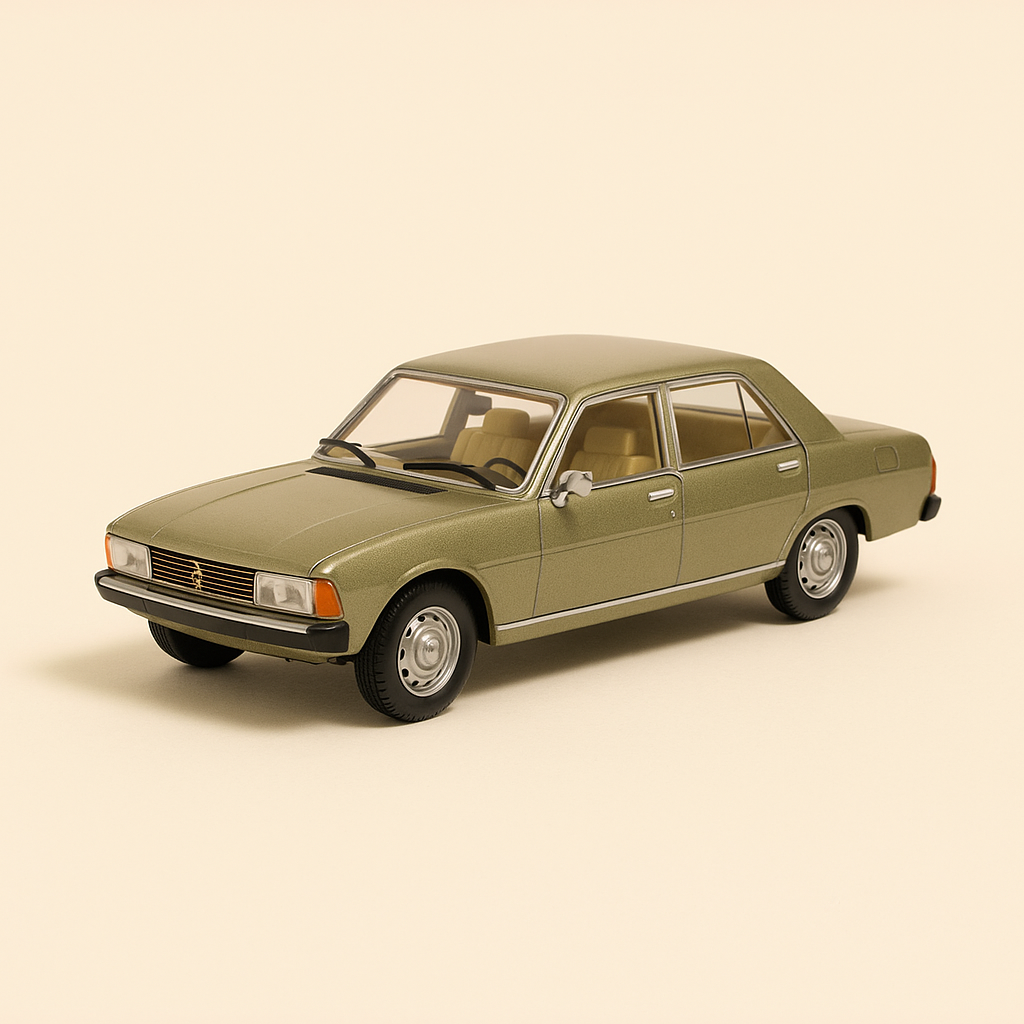 Grénge Peugeot 604 SL vun 1976 + Offiziellen Peugeot 604 (Presidential) schwaarz vun 1977 (HO Skala)