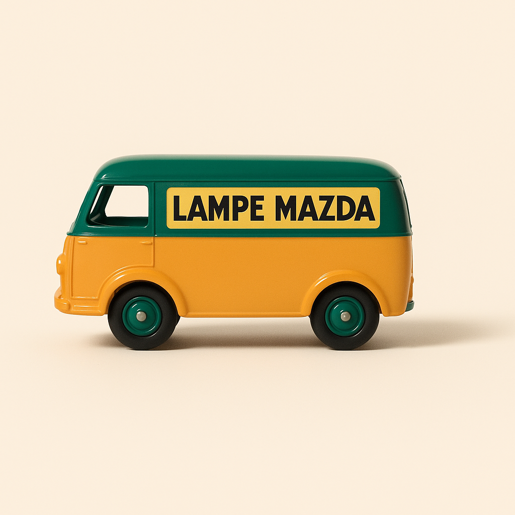 Peugeot D3A tôlé jaune et vert avec publicité Mazda Dinky-Toys (Editions Atlas) - N°25B