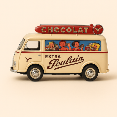 Photo professionnelle de la voiture miniature Peugeot D3A Beige Avec Publicite Poulain - Image clean haute qualité