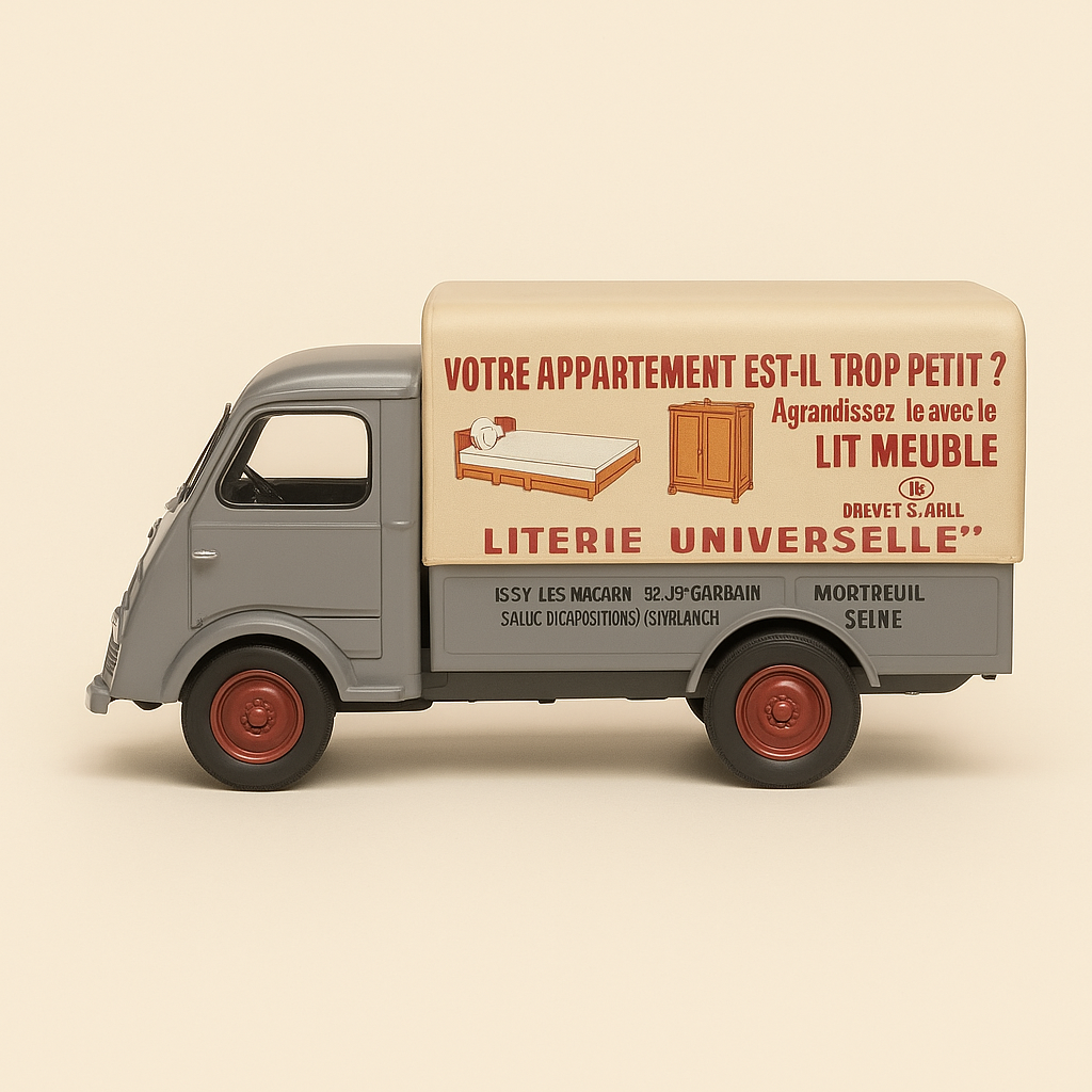 Photo professionnelle de la voiture miniature Peugeot Dma Gris Avec La Publicite Literie Universelle - Image clean haute qualité