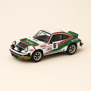 Photo professionnelle de la voiture miniature Porsche 911 Sc Blanche Verte Et Rouge Numero 6 Rallye De Monte Carlo 1980 - Image clean haute qualité