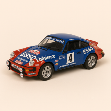 Photo professionnelle de la voiture miniature Porsche 911Sc Bleue Et Rouge Numero 4 Rallye De Monte Carlo De 1982 - Image clean haute qualité