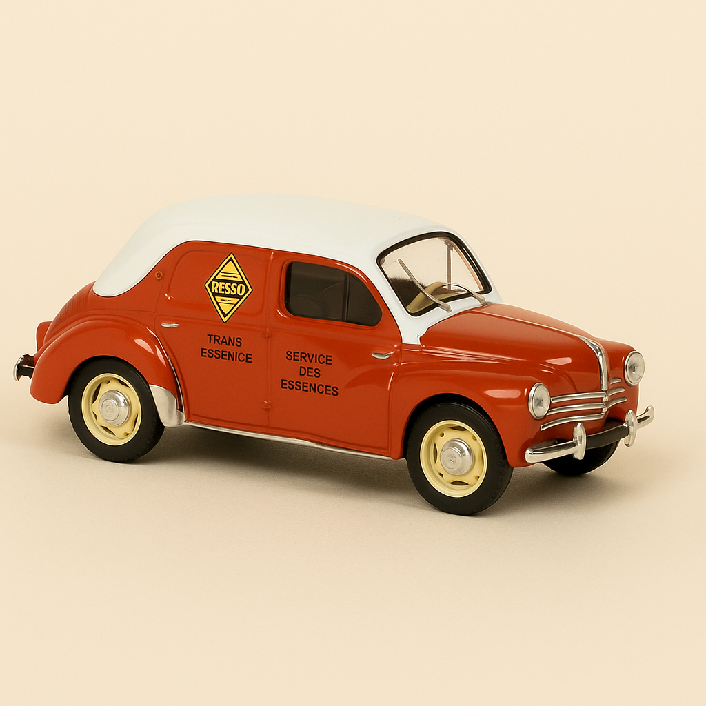Renault 4 CV kommerziell orange a wäisst Daach mam Renault Logo (rechteckeg Këscht)