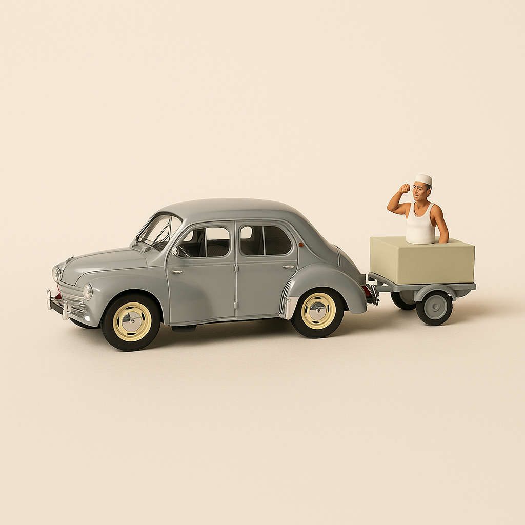 Groe Renault 4 CV mat Unhänger - La Nationale 7 - Déi Blo Streck