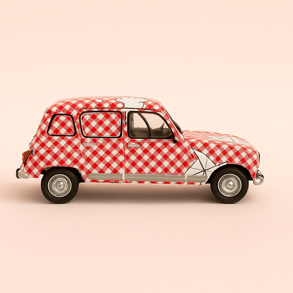 Renault 4 à damiers roses et blancs Picnic Kartrca Slovénie