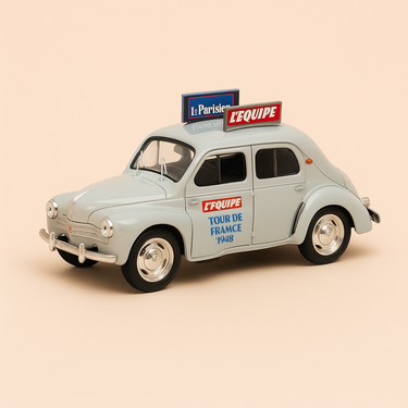 Photo professionnelle de la voiture miniature Renault 4Cv Blanche Lequipe Tour De France 1948 - Image clean haute qualité