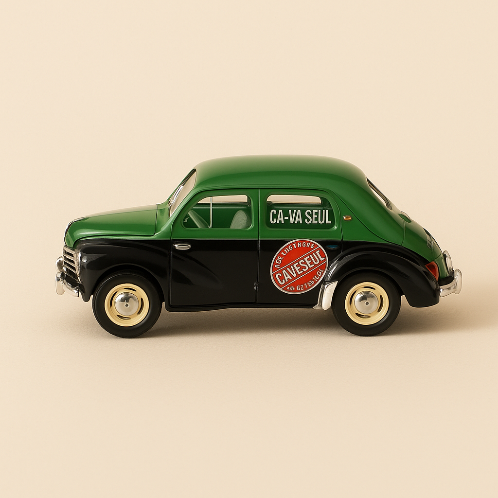 Renault 4 CV verte et noire - Publicité sur le cirage "Ca va seul"