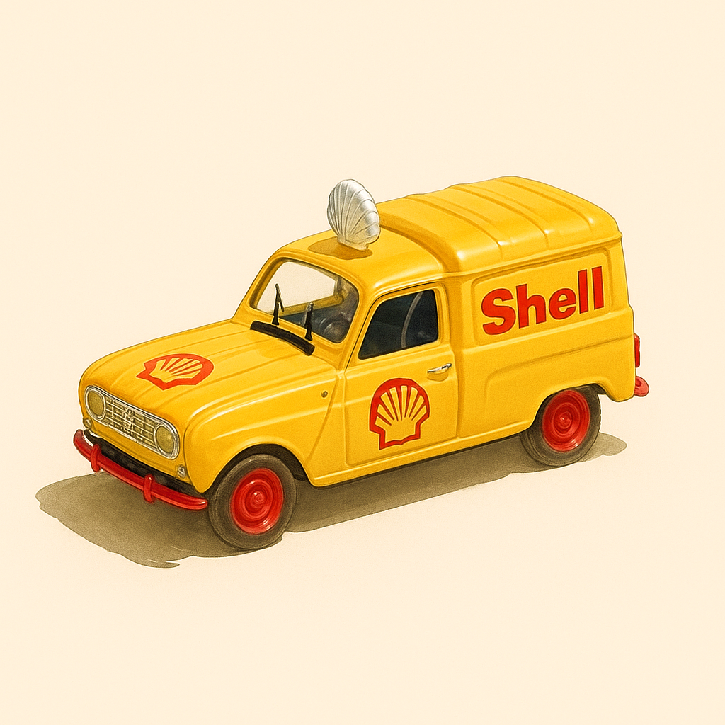 Renault 4F4 jaune avec logo SHELL (boite rectangle) - voiture miniature d'exception