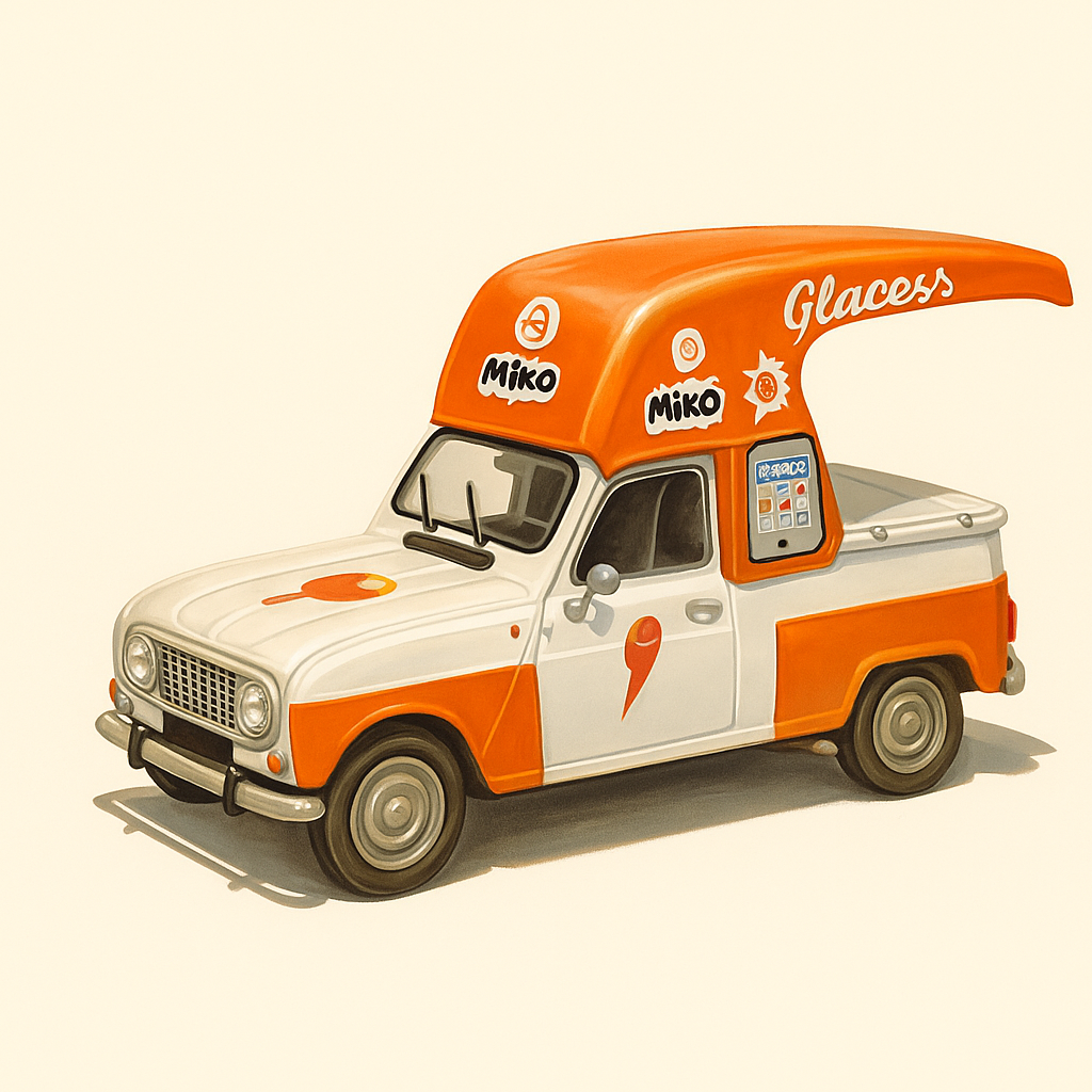 Wäissen an orange Renault 4 vun 1968 (Glaceverkeefer)