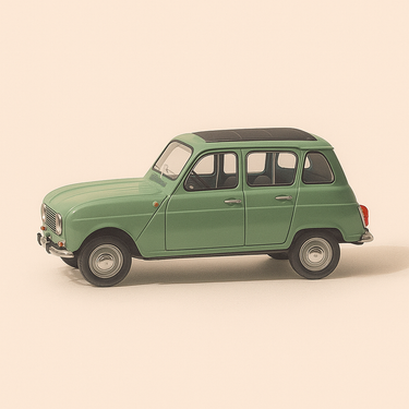 Photo professionnelle de la voiture miniature Renault 4L Verte Foncee Et Toit Noir De 1964 Boite Plexi - Image clean haute qualité