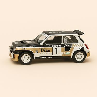 Photo professionnelle de la voiture miniature Renault 5 Maxi Turbo Marron Et Noire Numero 1 Rallye Du Var De 1986 - Image clean haute qualité