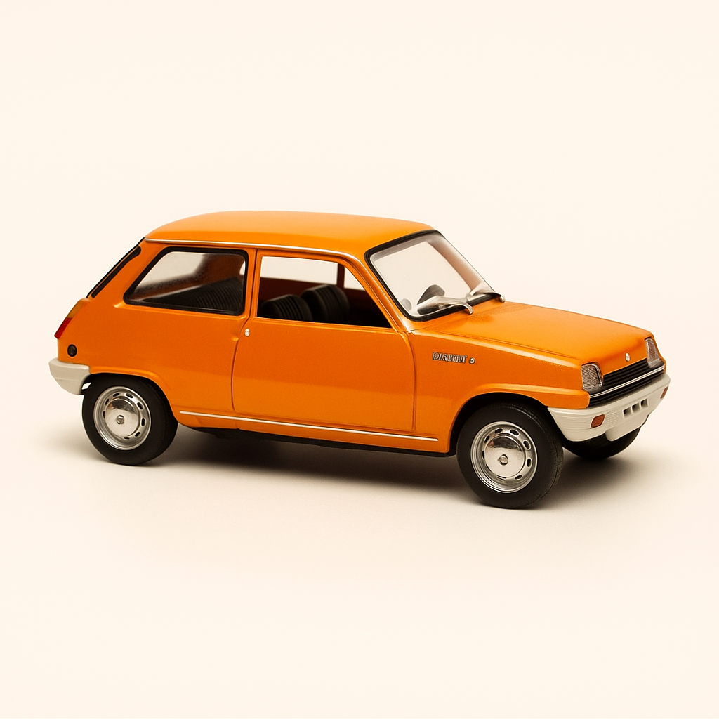 Orange Renault 5 vun 1972 (Moossstaf 1:24)