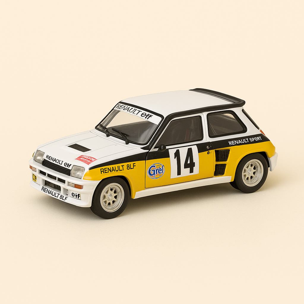 Wäiss a giel Renault 5 Turbo Nummer 14 - Rallye Portugal 1986 (rechteckeg Boxset)