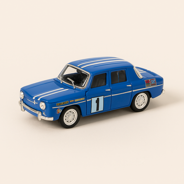 Photo professionnelle de la voiture miniature Renault 8 Gordini Bleue Avec Le N 1 Rallye Du Maroc De 1969 - Image clean haute qualité