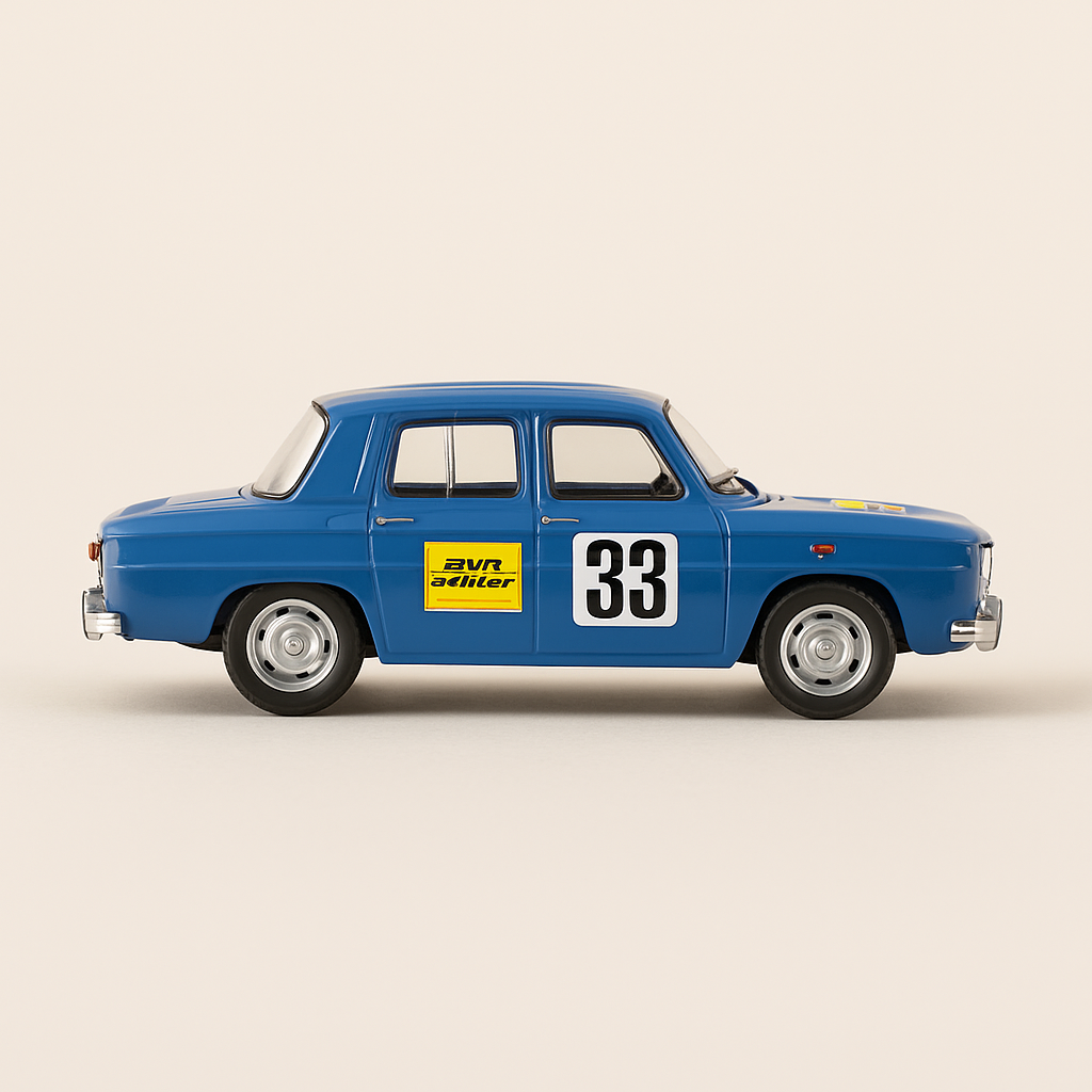 Photo professionnelle de la voiture miniature Renault 8 Gordini Bleue Avec Le N 33 Pau 1968 - Image clean haute qualité