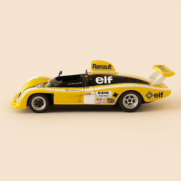 Photo professionnelle de la voiture miniature Renault Alpine A 443 Essais Jaune Blanche Et Noire De 1978 - Image clean haute qualité