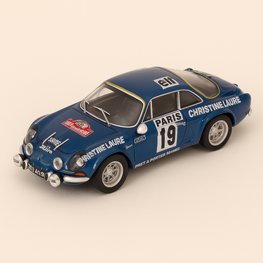 Photo professionnelle de la voiture miniature Renault Alpine A110 1600 Bleue Numero 19 Rallye De Monte Carlo De 1976 - Image clean haute qualité