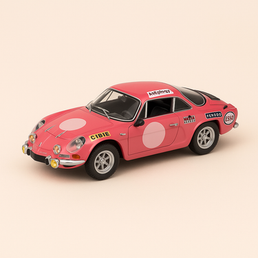 Photo professionnelle de la voiture miniature Renault Alpine A110 1600S Team Aseptogyl Rose Et Rouge De 1971 - Image clean haute qualité