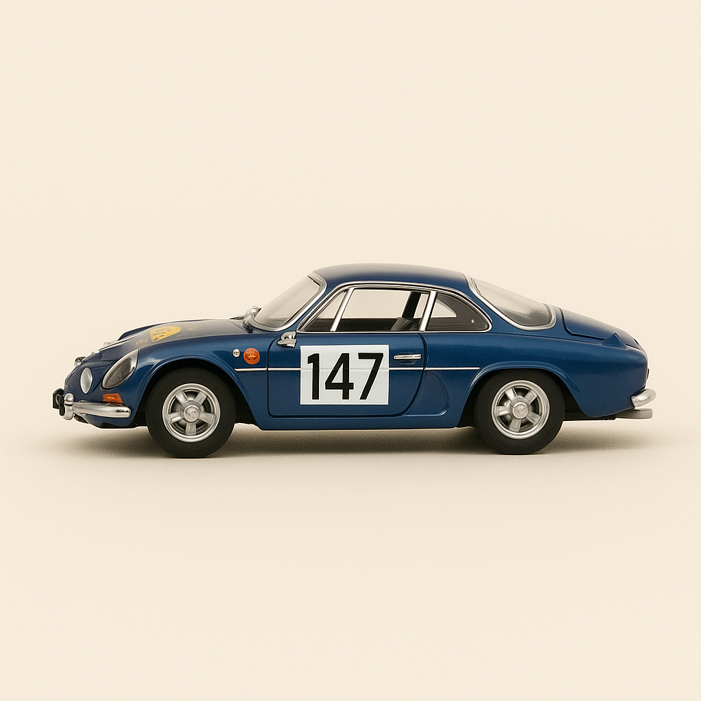 Photo professionnelle de la voiture miniature Renault Alpine A110 Rallye Lyon Charbonnieres De 1968 Numero 147 - Image clean haute qualité