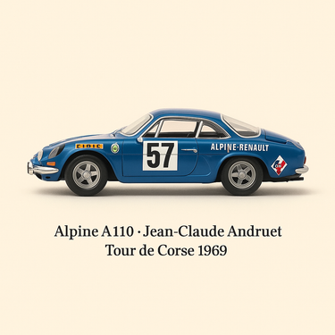Photo professionnelle de la voiture miniature Renault Alpine A110 Tour De Corse 1969 Numero 57 Jean Claude Andruet - Image clean haute qualité