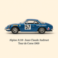 Photo professionnelle de la voiture miniature Renault Alpine A110 Tour De Corse 1969 Numero 57 Jean Claude Andruet - Image clean haute qualité