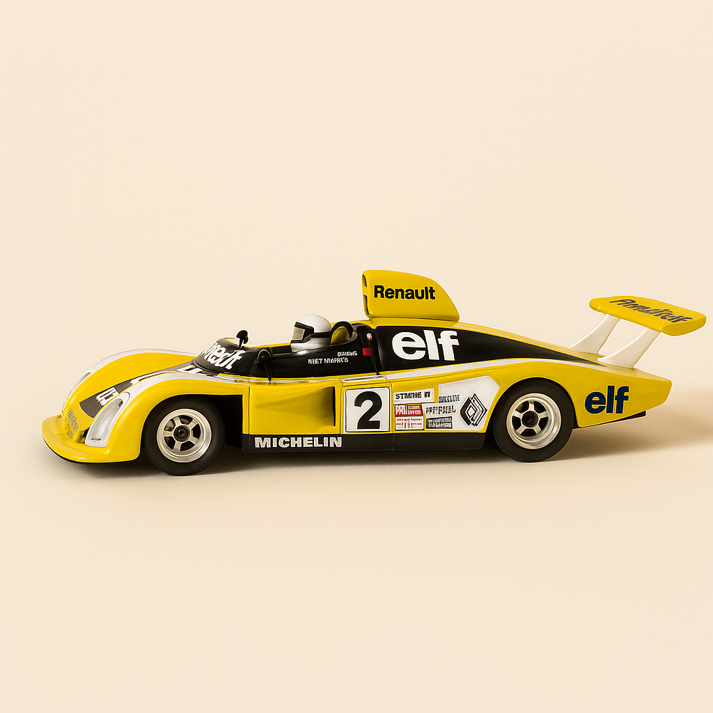 Giel, schwaarz a wäiss Renault Alpine A442B (D'Gordini Saga)