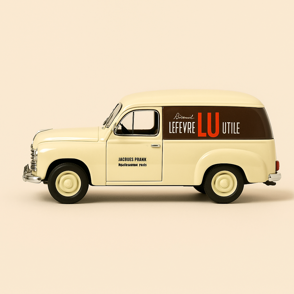 Photo professionnelle de la voiture miniature Renault Colorale Beige Et Marron Avec La Publicite Lu Lefevre Et Utile - Image clean haute qualité