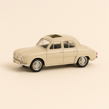 Photo professionnelle de la voiture miniature Renault Dauphine Avec Toit Ouvrant De Couleur Blanc Casse Avec Boite En Carton - Image clean haute qualité