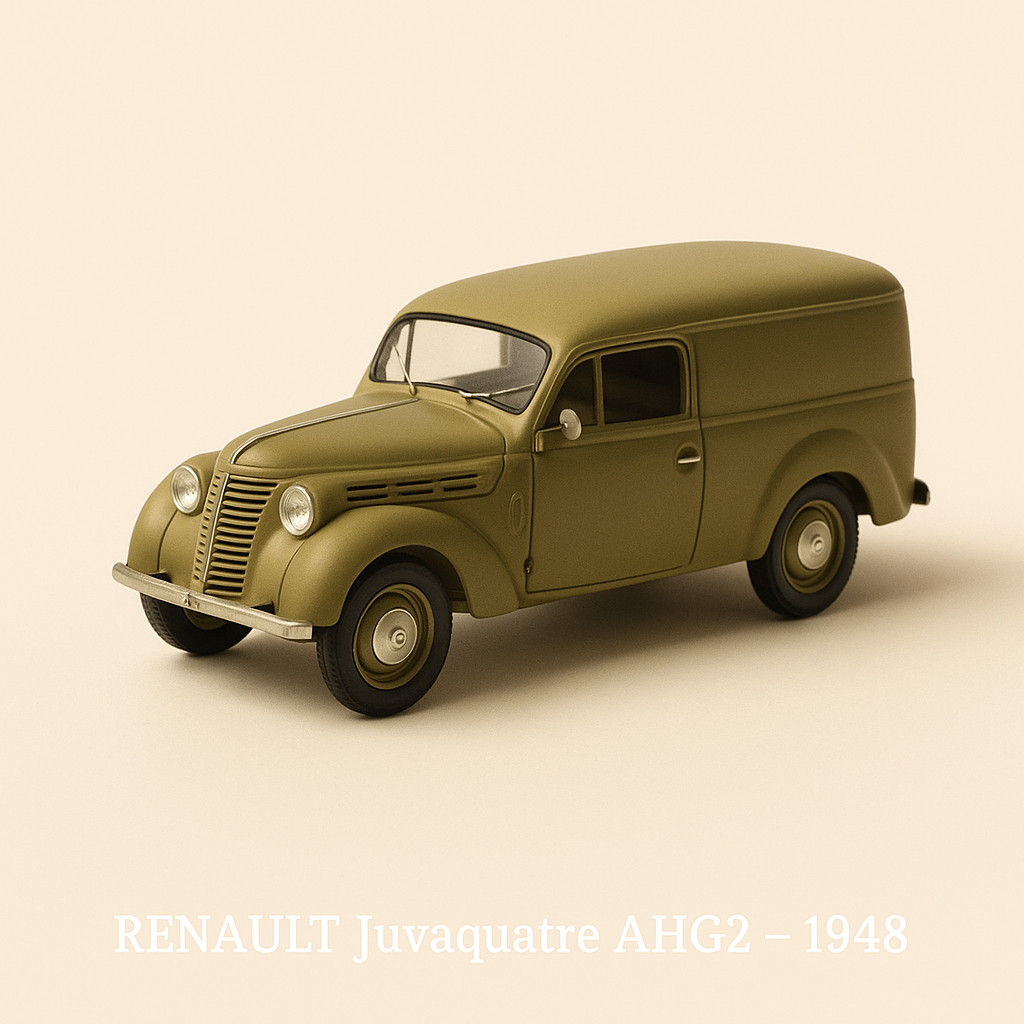Brązowy Renault Juvaquatre AHG2 z 1948 r. + ciemnozielony wojskowy ambulans Renault Juvaquatre z 1948 r. (skala HO)