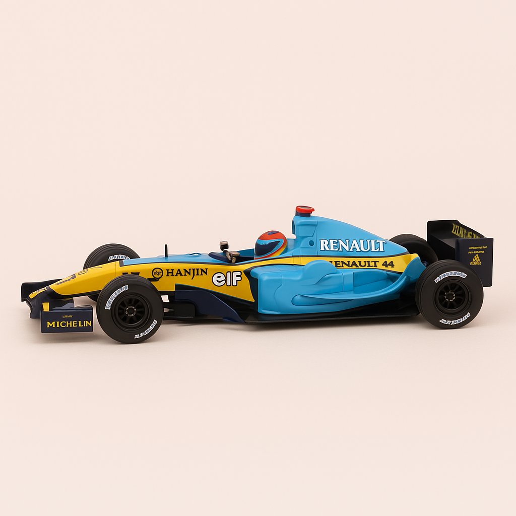 Photo professionnelle de la voiture miniature Renault R24 Bleue Et Jaune Numero 7 De 2004 Formule 1 - Image clean haute qualité