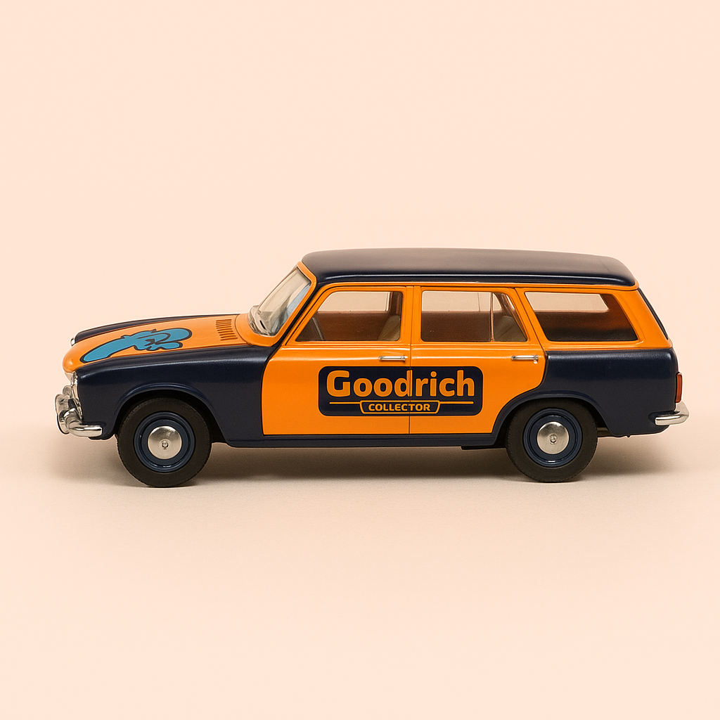 Simca 1500 orange and blue estate car with GOODRICH advertising