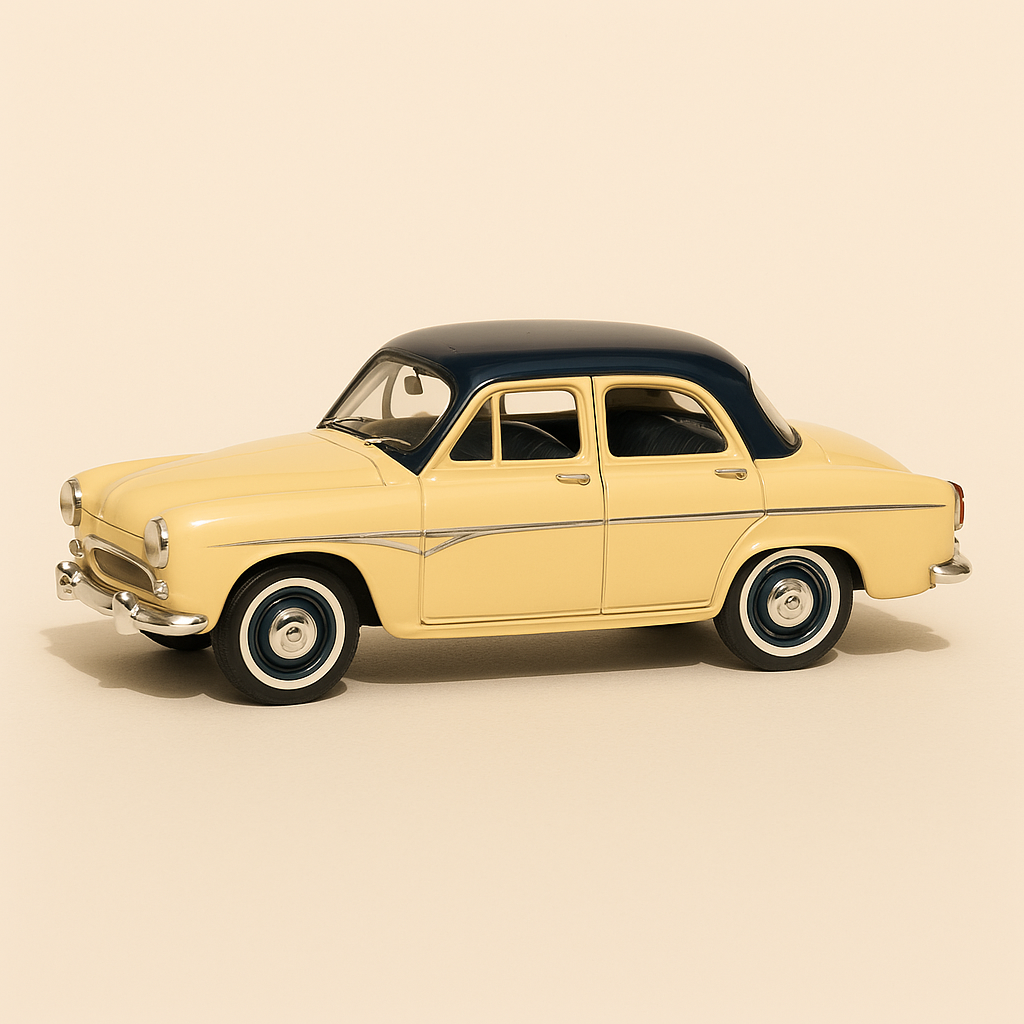 Simca Aronde beige an donkelblo Daach (Auto op der Basis bäigefüügt)