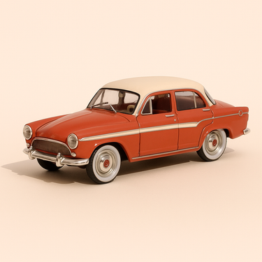 Photo professionnelle de la voiture miniature Simca Aronde P60 Elysee Rouge Orangee Et Toit Beige De 1960 - Image clean haute qualité