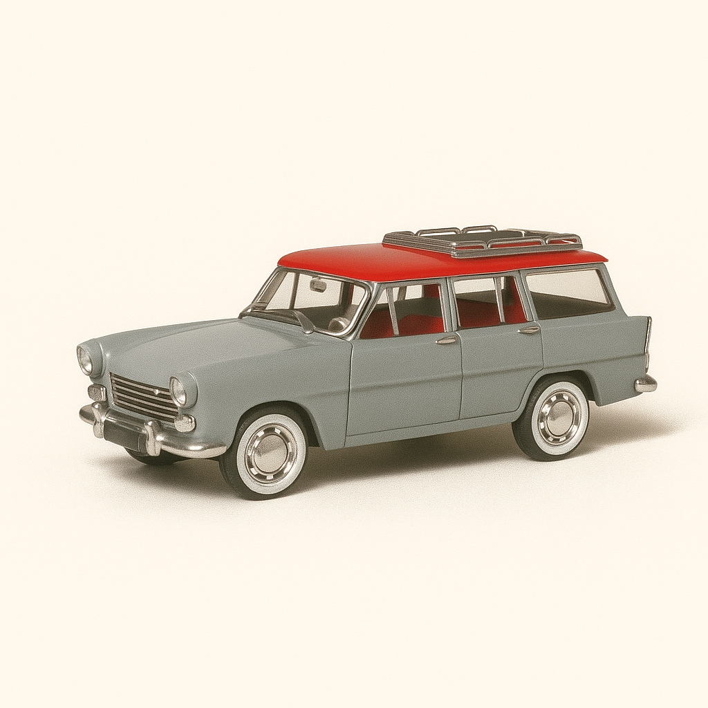 Simca Marly grigia con tetto rosso e portapacchi