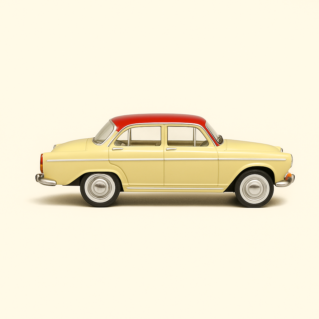 Beige Simca P60 mat bordeauxroudem Daach vun 1960