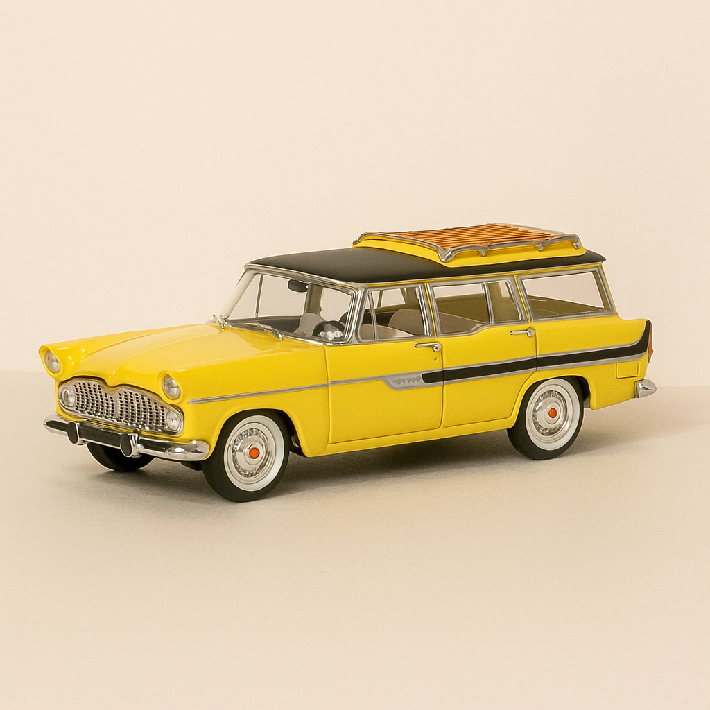 Simca Vedette Marly giel-schwaarz Daach mat Daachträger vun 1959 (Plexibox)