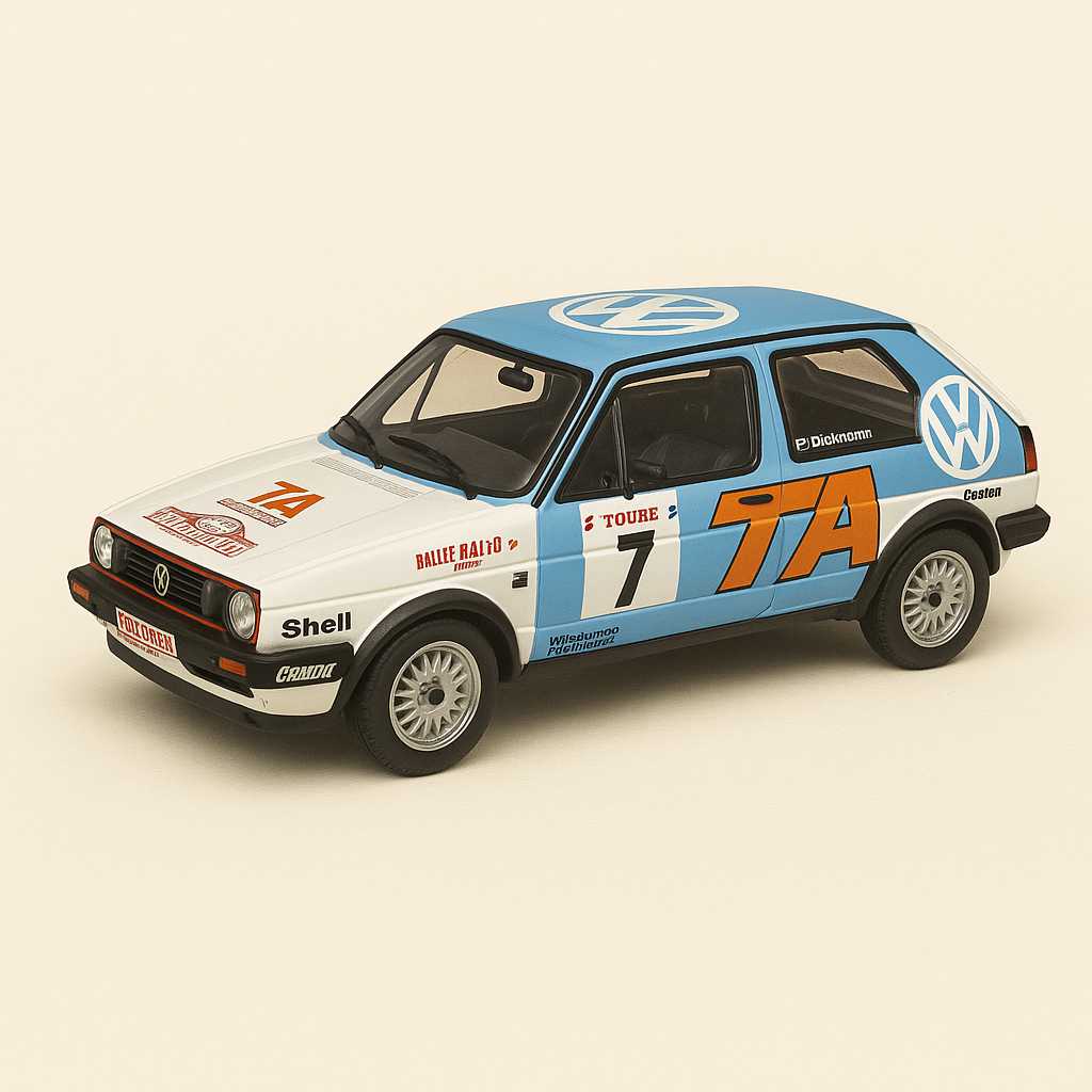 Volkswagen Golf GTI blanco y azul número 7 - Rally de Montecarlo de 1987