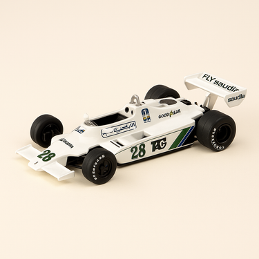 Photo professionnelle de la voiture miniature Williams Fw07 Blanche Numero 28 De 1979 Formule 1 - Image clean haute qualité